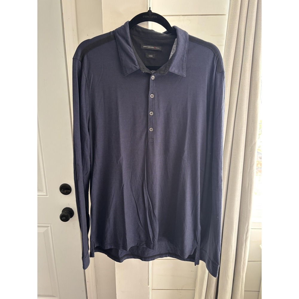 John Varvatos Polo Shirt Mens Large Blue Luxe‎ Long Sleeve Knit Cotton Collared